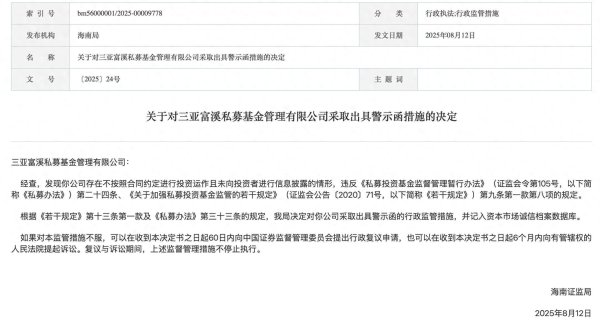 网络股票配资网 不按照合同约定进行投资运作，三亚富溪私募收警示函